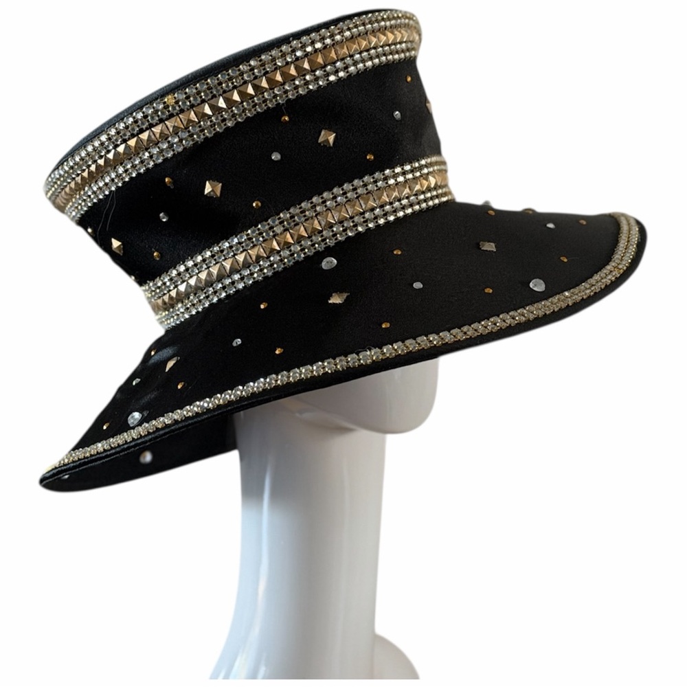 Unbranded Black Wide Brimmed Hat with Rhinestones, Gold and Silver Accents